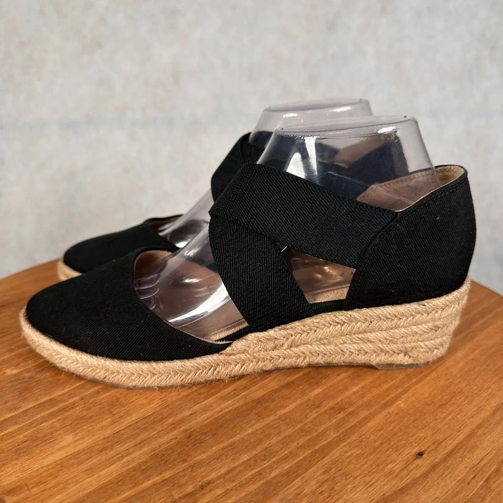 LifeStride Keaton Wedge Espadrilles Women 8.5M Black Good Crisscross Straps